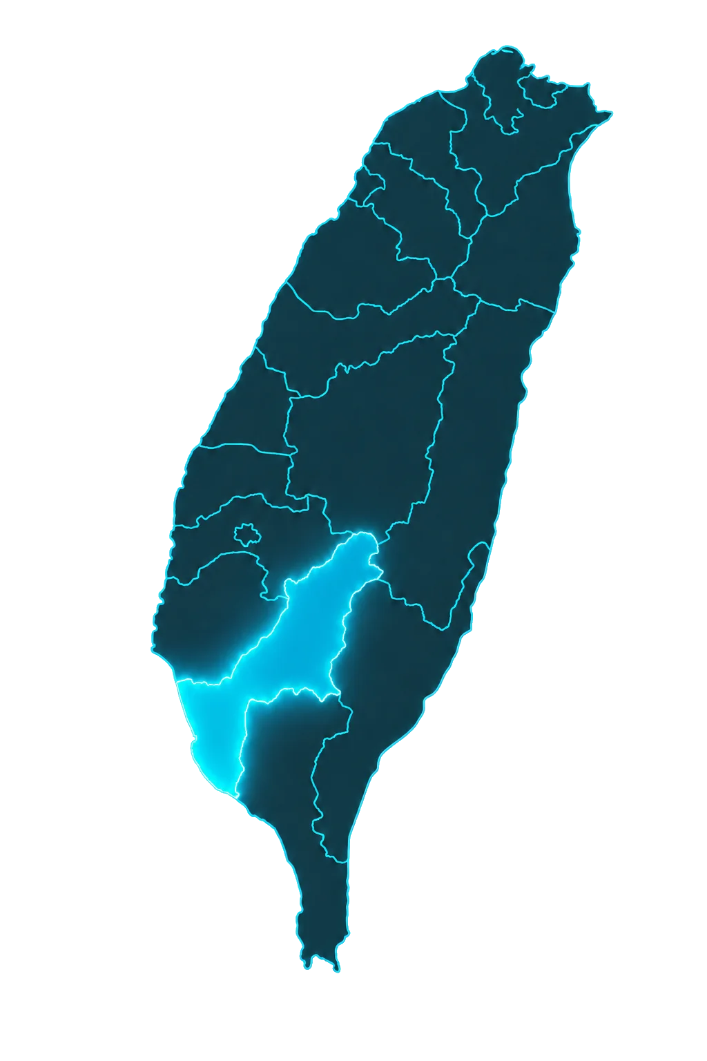 台灣縣市分界示意圖，高雄區域特別標示