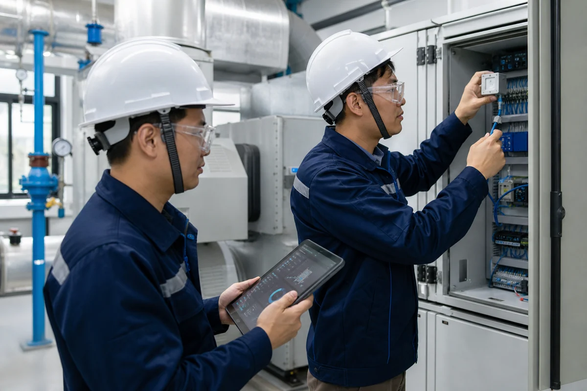 現場工程師在機房檢查自動化控制盤與設備感測器